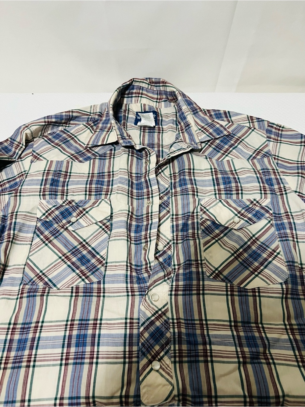 Men’s Vintage Wrangler Snap-Up Shirt in Cream and Blue Large